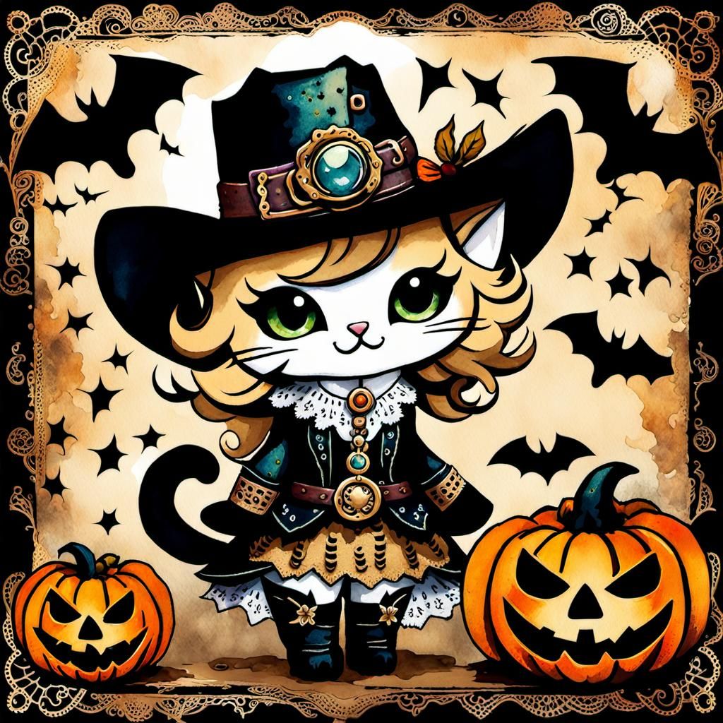 Chibi Cat Cowgirl: Spooky Halloween Watercolor