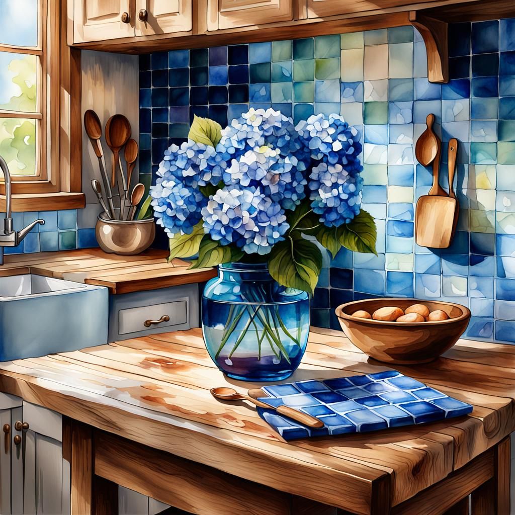 Cozy Rustic Kitchen with Hydrangeas in Watercolor Style