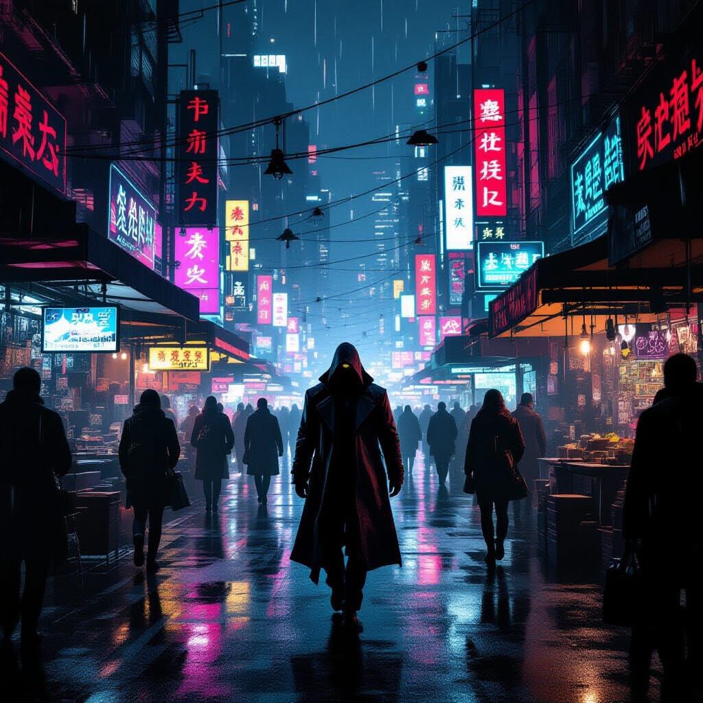Cyberpunk Street Market at Night with Mysterious Figure