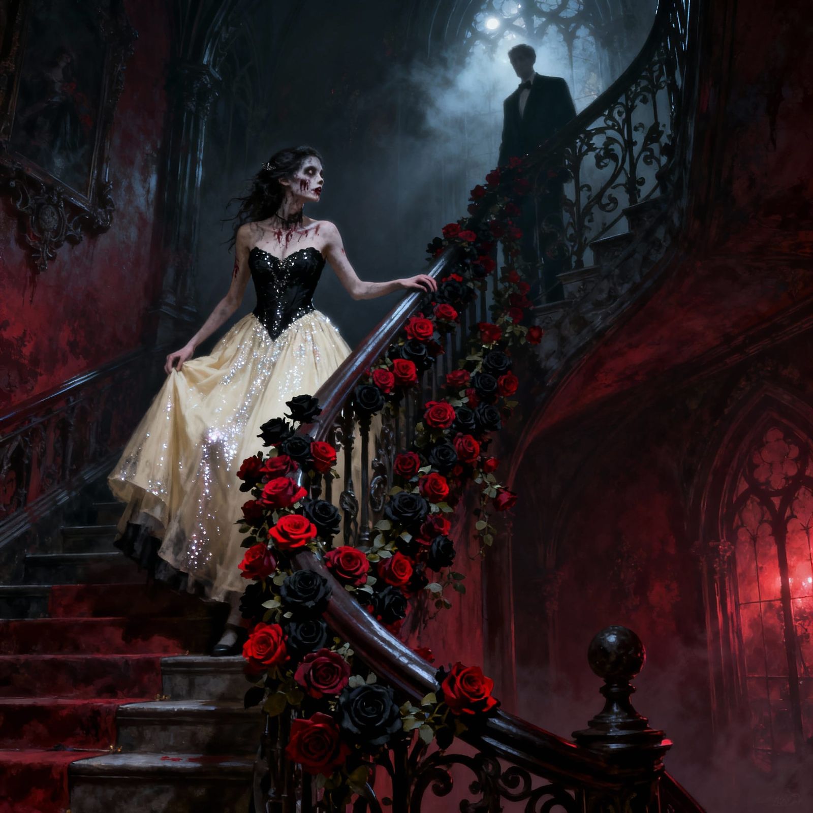Zombie Prom Queen Descends Gothic Stairs