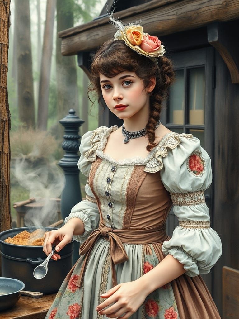 Victorian Cook in Cottage, Watercolor Portrait