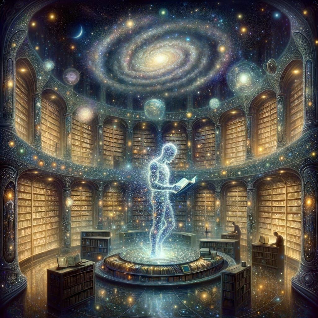 Celestial Library Inside Crystal with Starlight Scholar