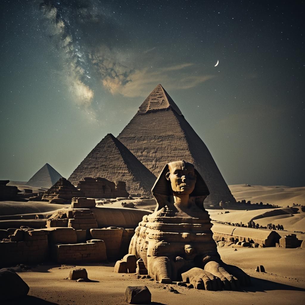 Pyramids and Sphinx at Night: Cinematic Film Still