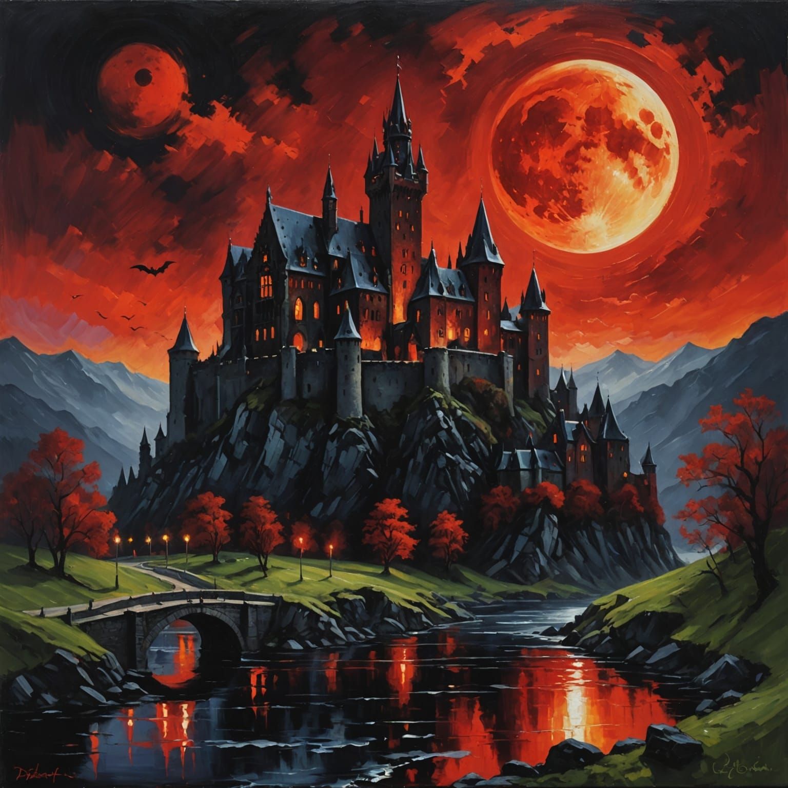 Gothic Landscape Illuminated by Blood Moon