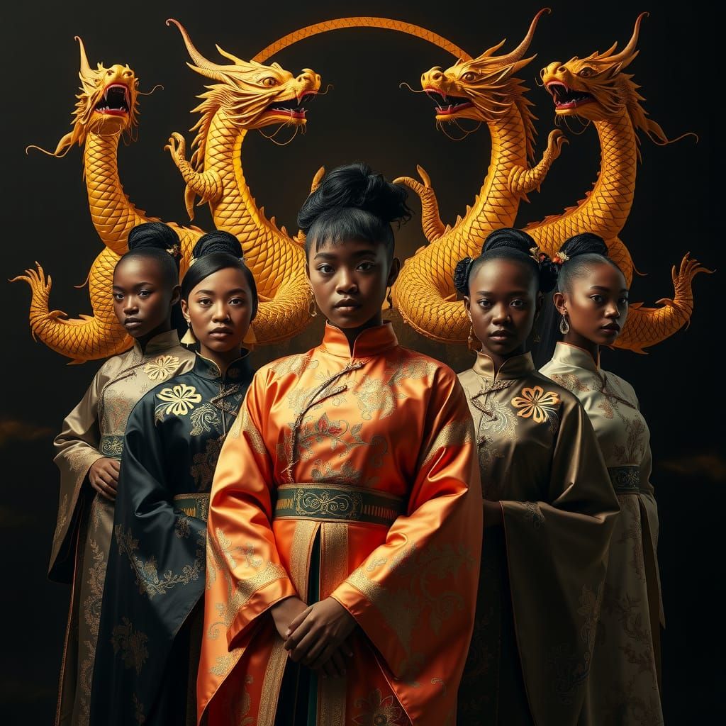Young Black Models in Hanfu Attire with Golden Dragons