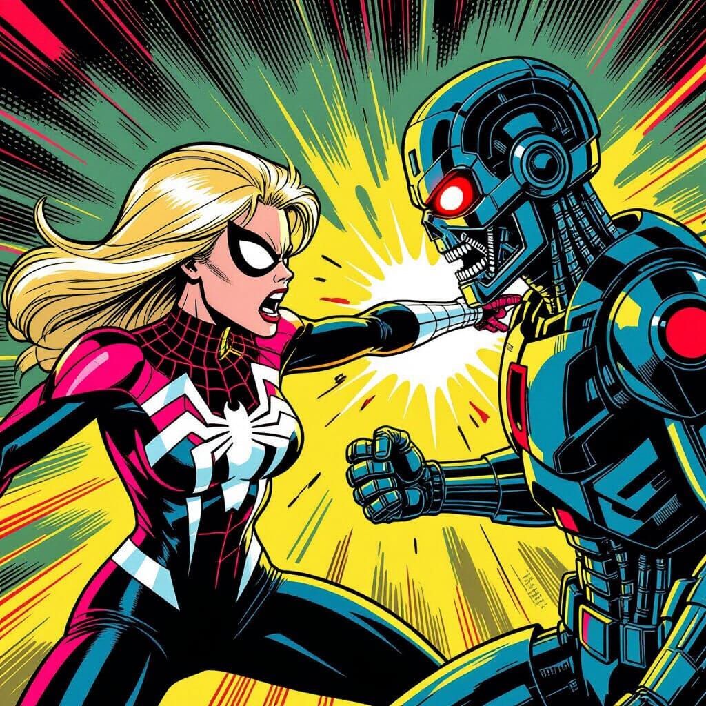 Ghost-Spider Battles Terminator in Retro Comic Style