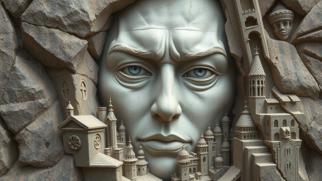 Ethereal Cityscape Reborn from Ancient Stone