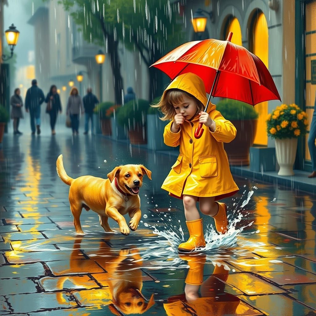 Whimsical Rainy Day Scene with Bright Yellow Raincoat and Um...