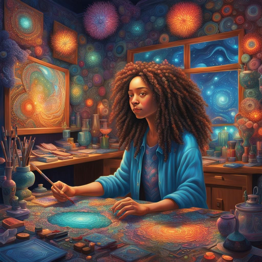 Fractal Artist in Bioluminescent Art Studio