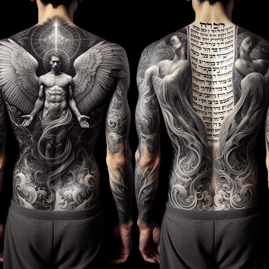 A black-and-white tattoo covering both the back and front of...