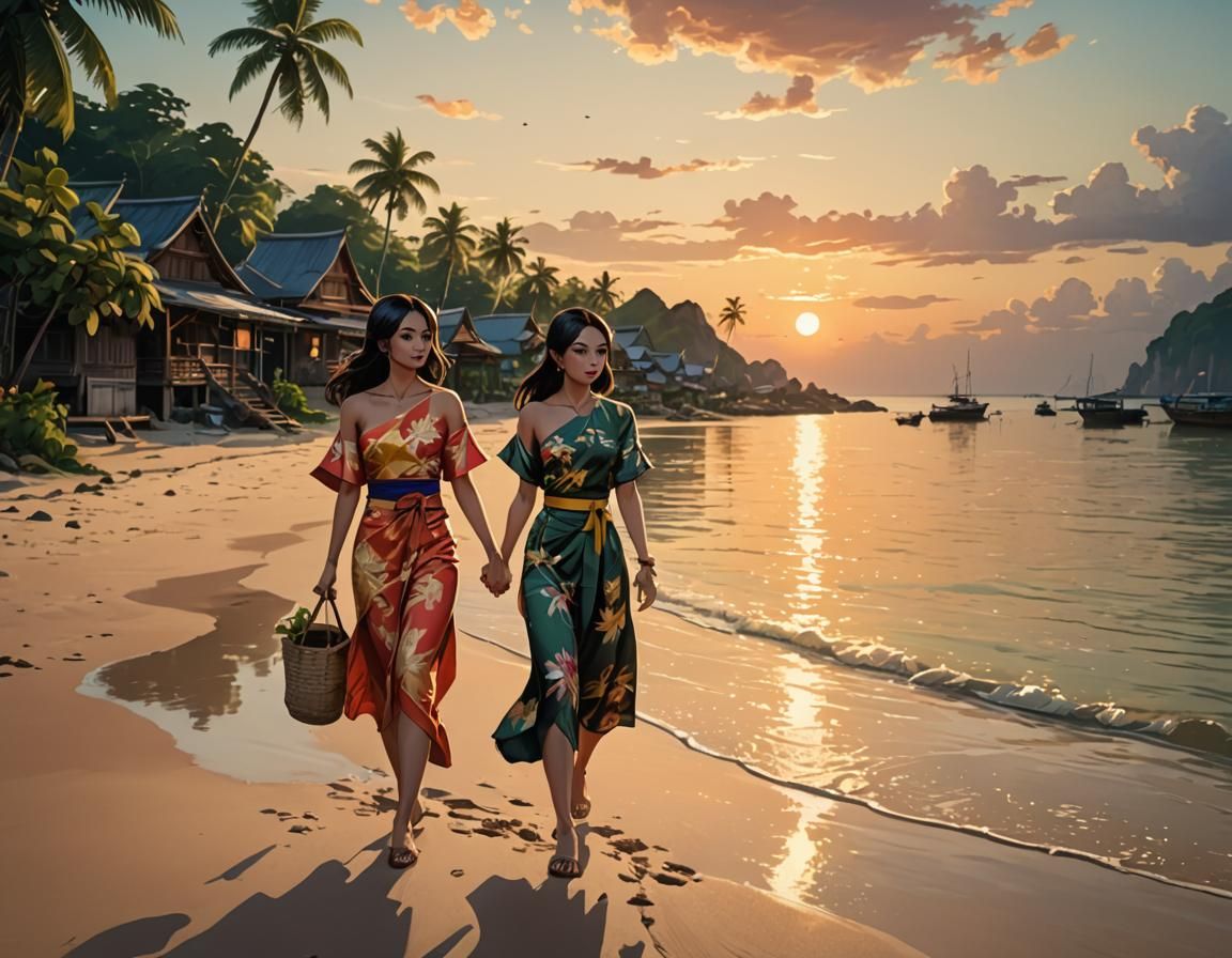Thai Girls Strolling on Beach at Sunset, Anime Style