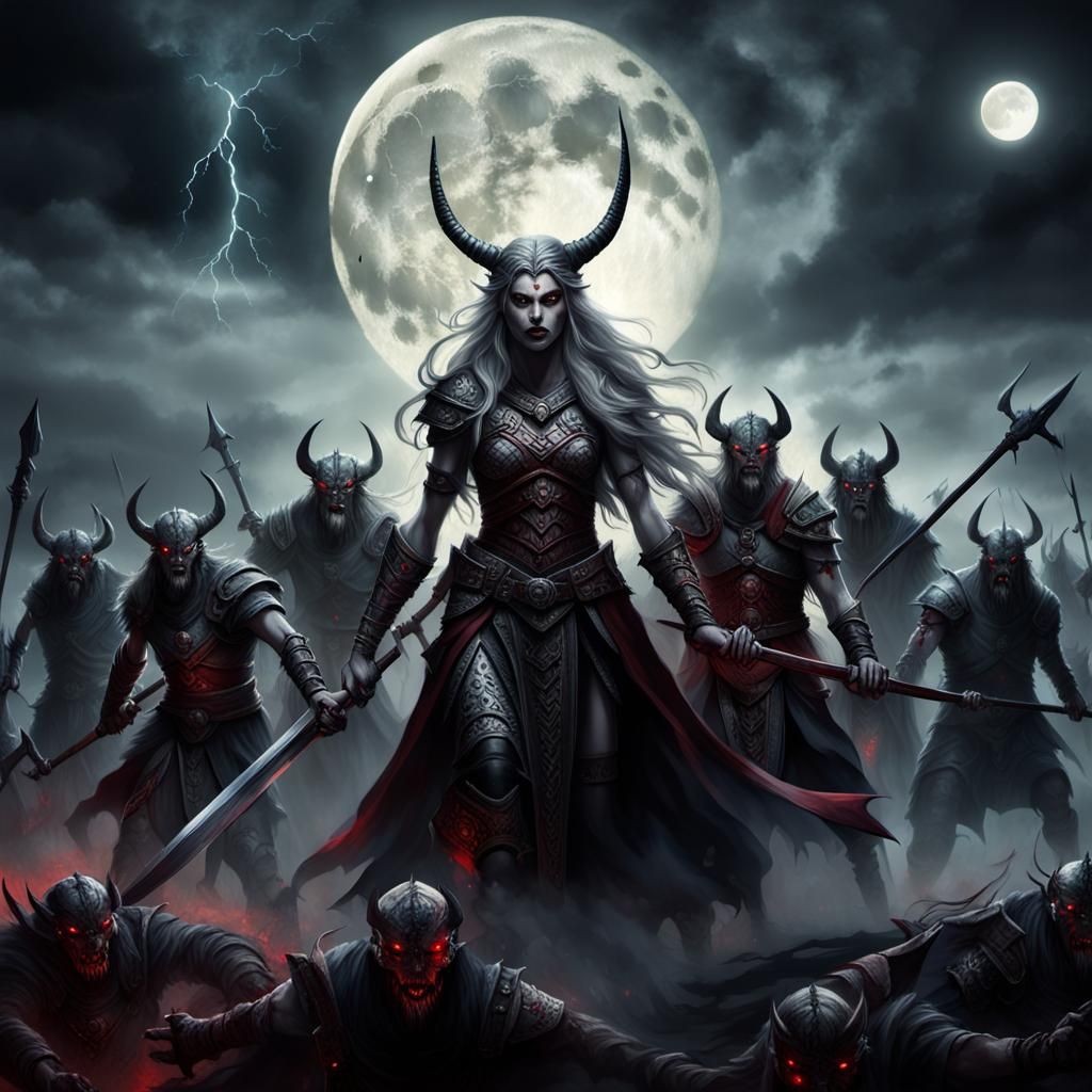 "Norse myth goddess Hel, raising a horde of undead warriors ...