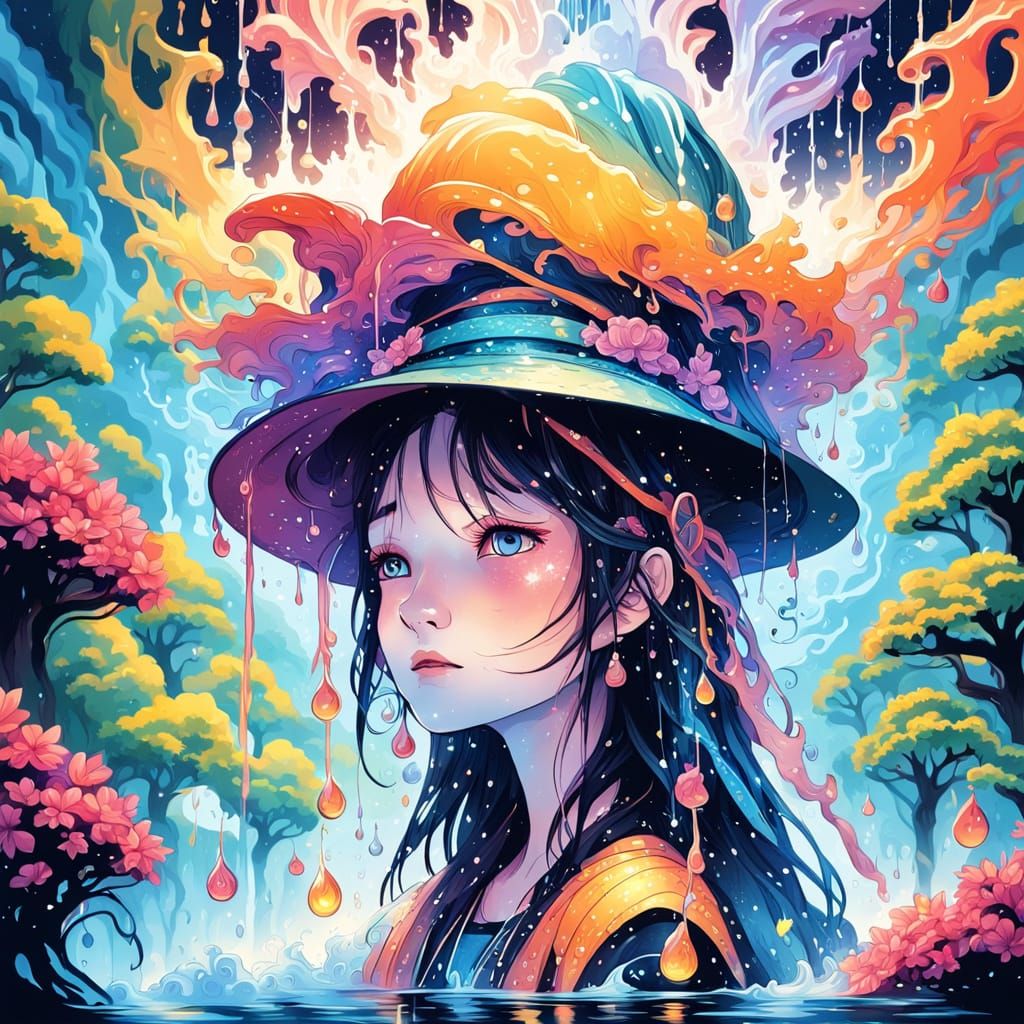 Magical Hat Waterfall in Vibrant Ink Illustration