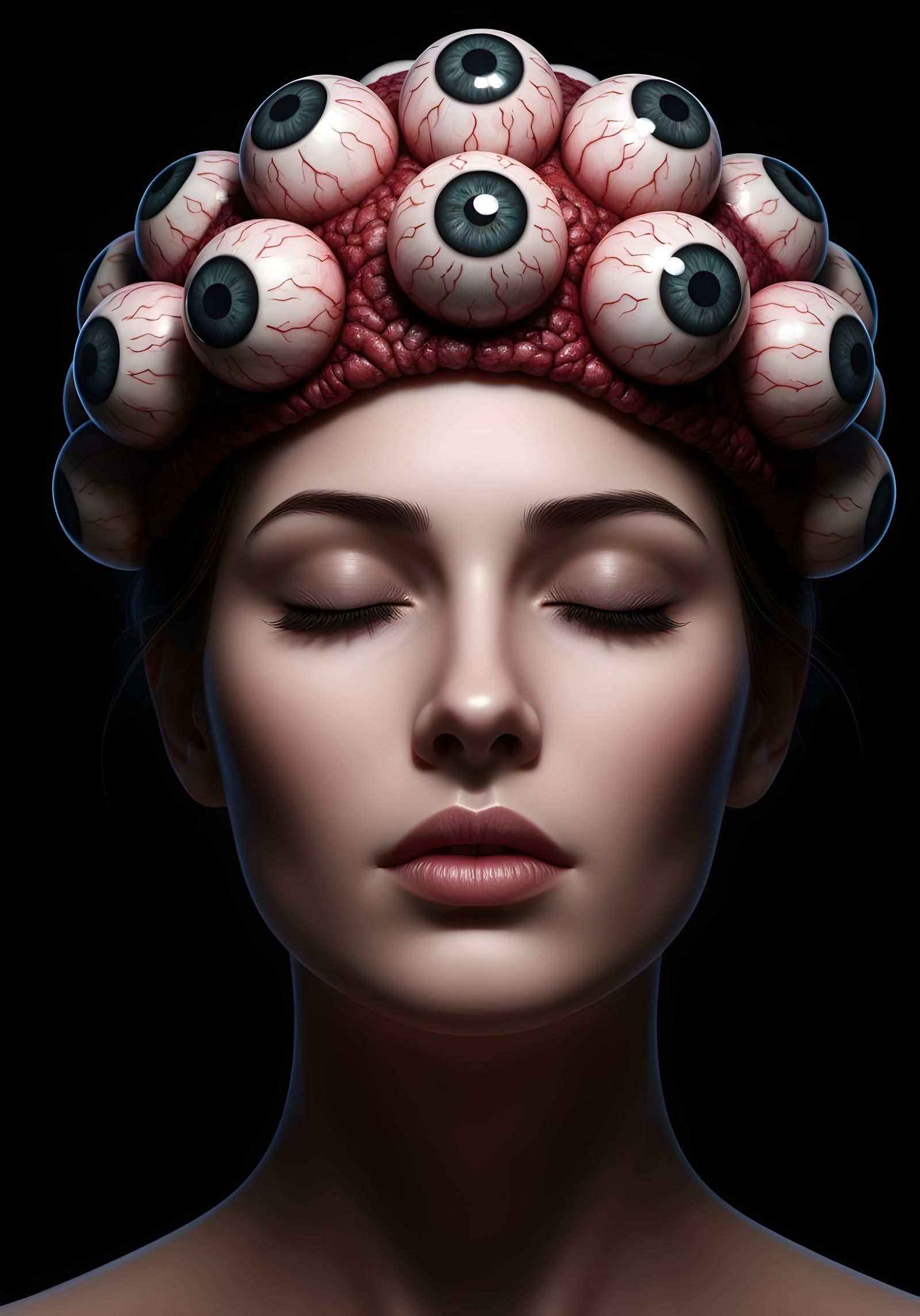 Eerie Woman in Eyeball Hat, Hyperreal Horror Art