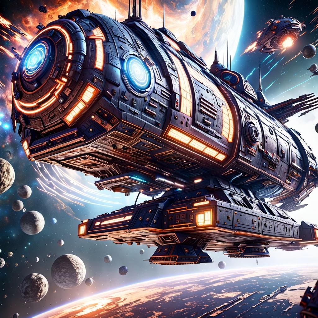 Futuristic Warship Soaring Through Colorful Galaxy