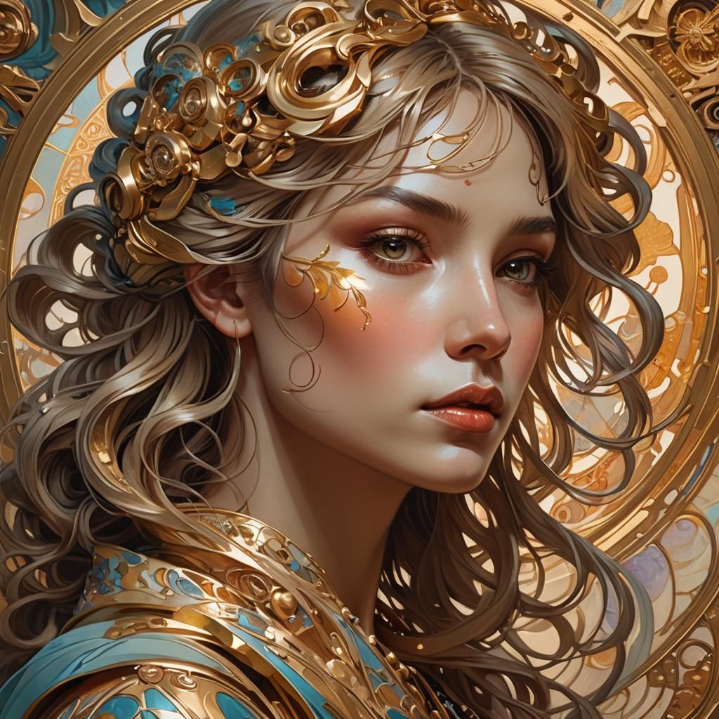 Contemplative Woman with Aura, in Art Nouveau Style