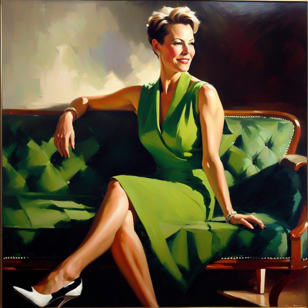 Housewife Relaxing on Sofa as Impressionistic Oil Painting