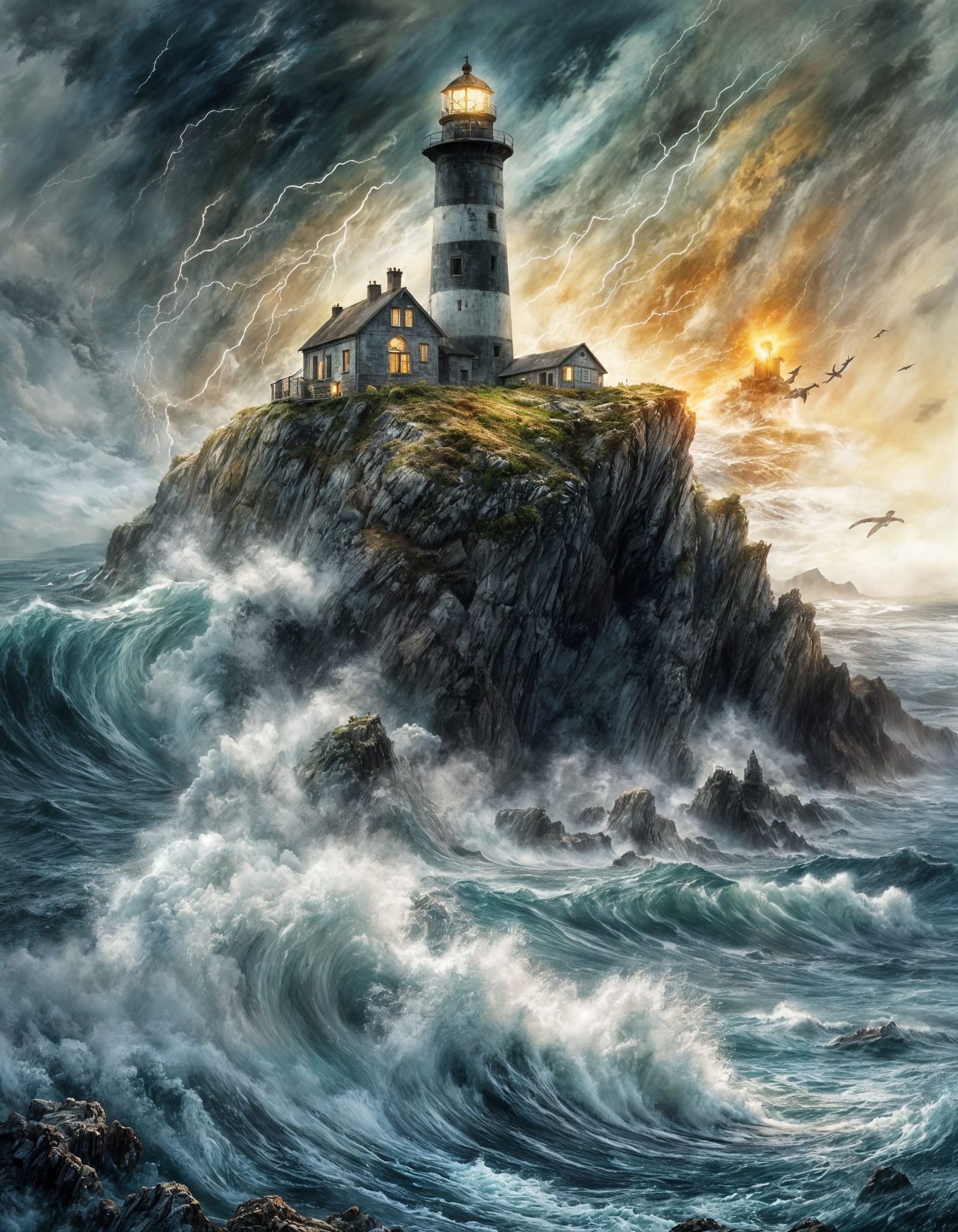 Stormy Sea Landscape with Lighthouses: A Digital Masterpiece