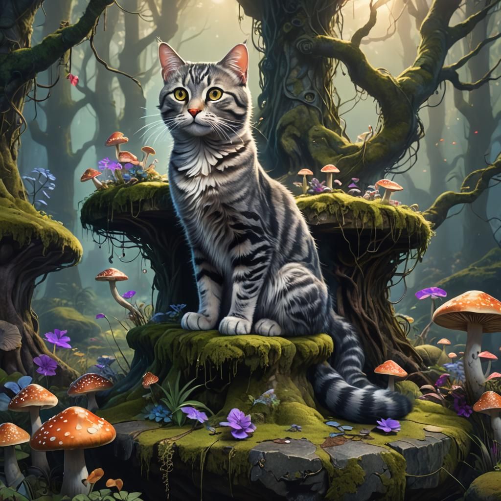Gray Tabby Cat in Mystical Forest: Fantasy Art