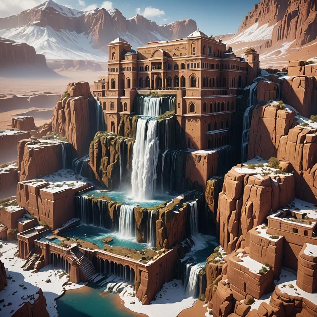 Surreal Waterfall Building in Desert Landscape