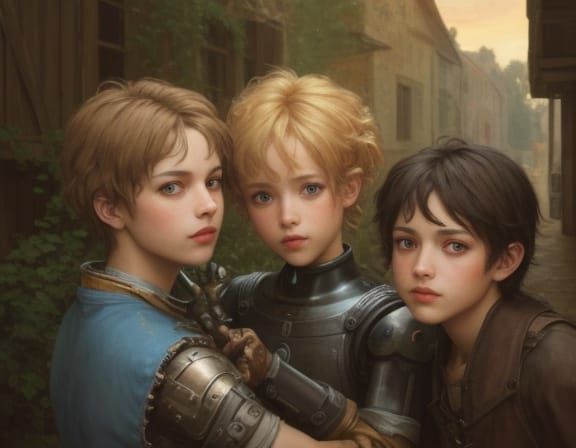 Grunge Oil Painting of Cyborgs and Villager in Medieval Sett...