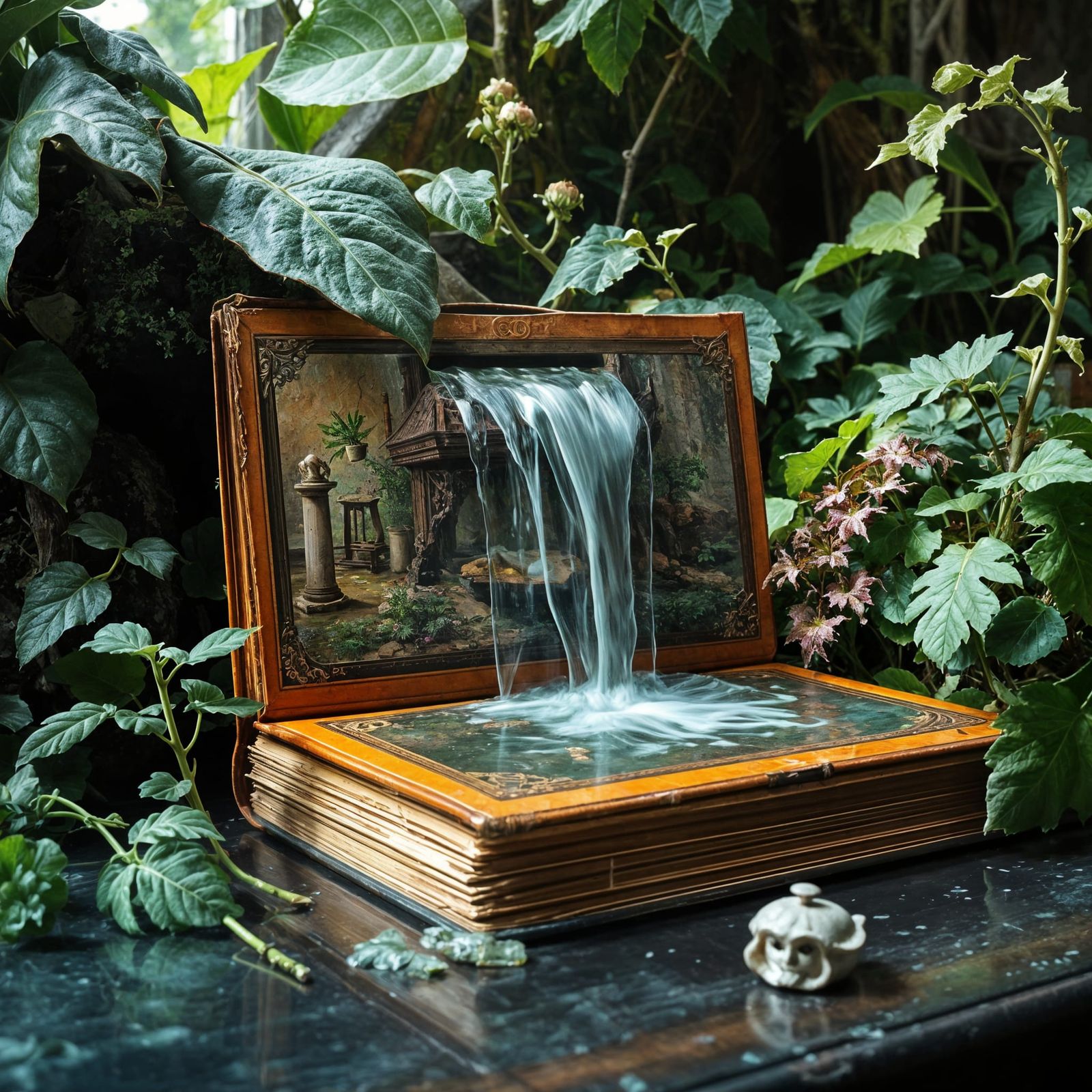 Waterfall Cascading from Vintage Book in Dreamlike Scene
