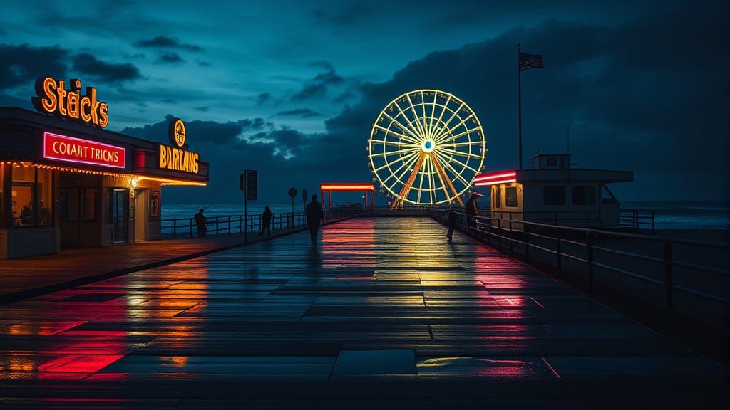 Neon Boardwalk at Night in Cinematic Style