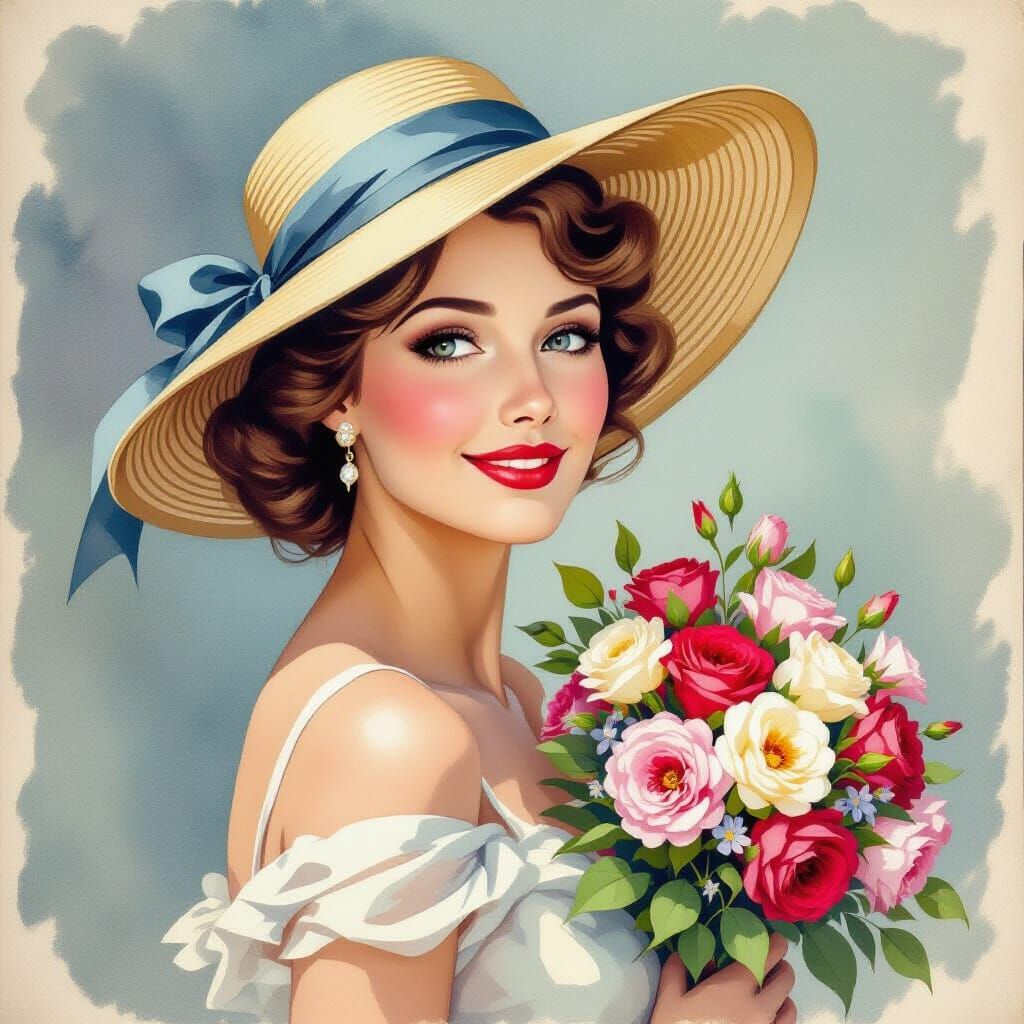 Vintage Woman with Flowers in Realistic Watercolor Style