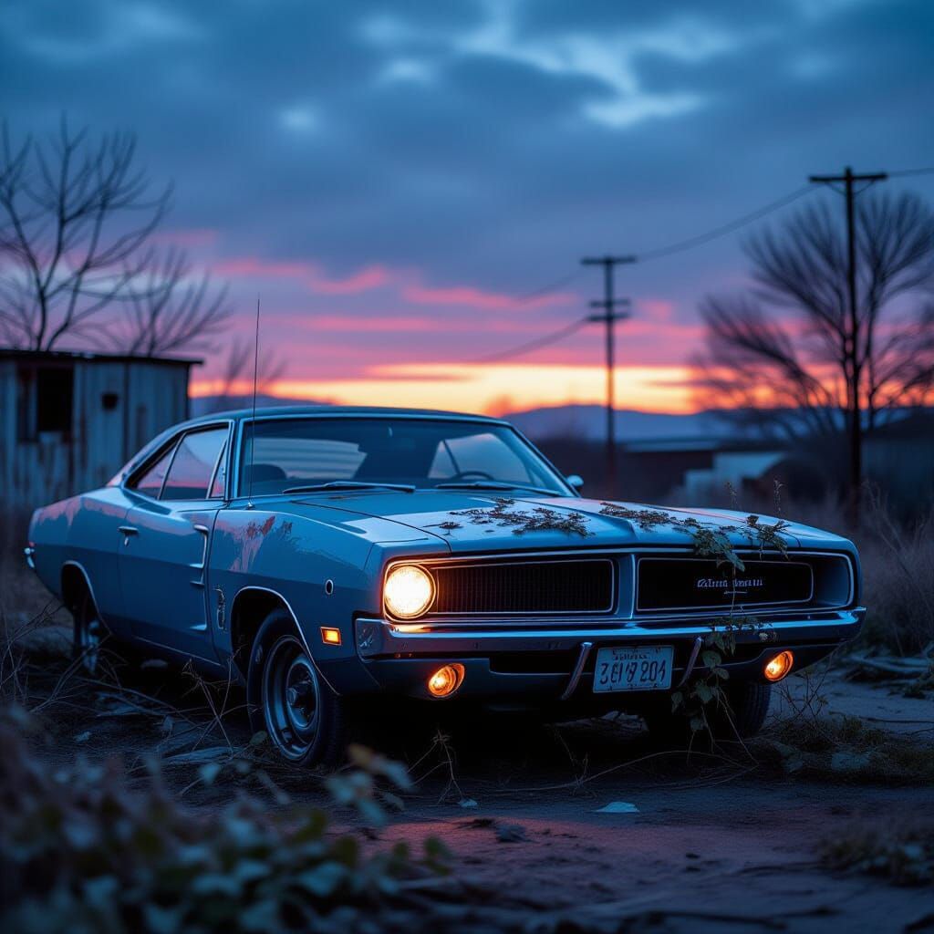 Abandoned 1969 Dodge Charger in Twilight Junkyard