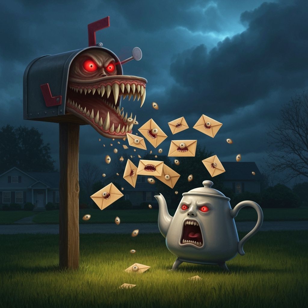 Evil Mailbox Attacks Terrified Teapot on Suburban Lawn