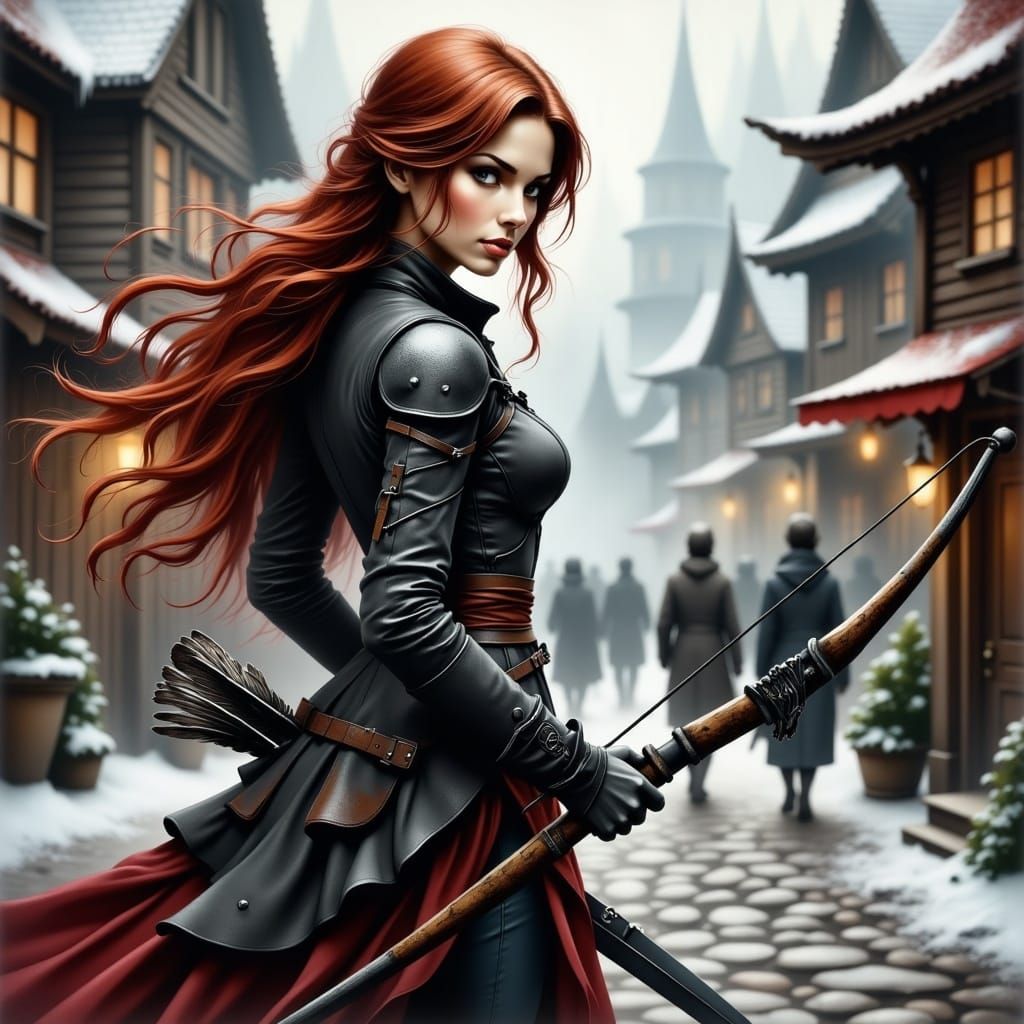 Blood Elf Archer in Snowy Town, Illustrated Style