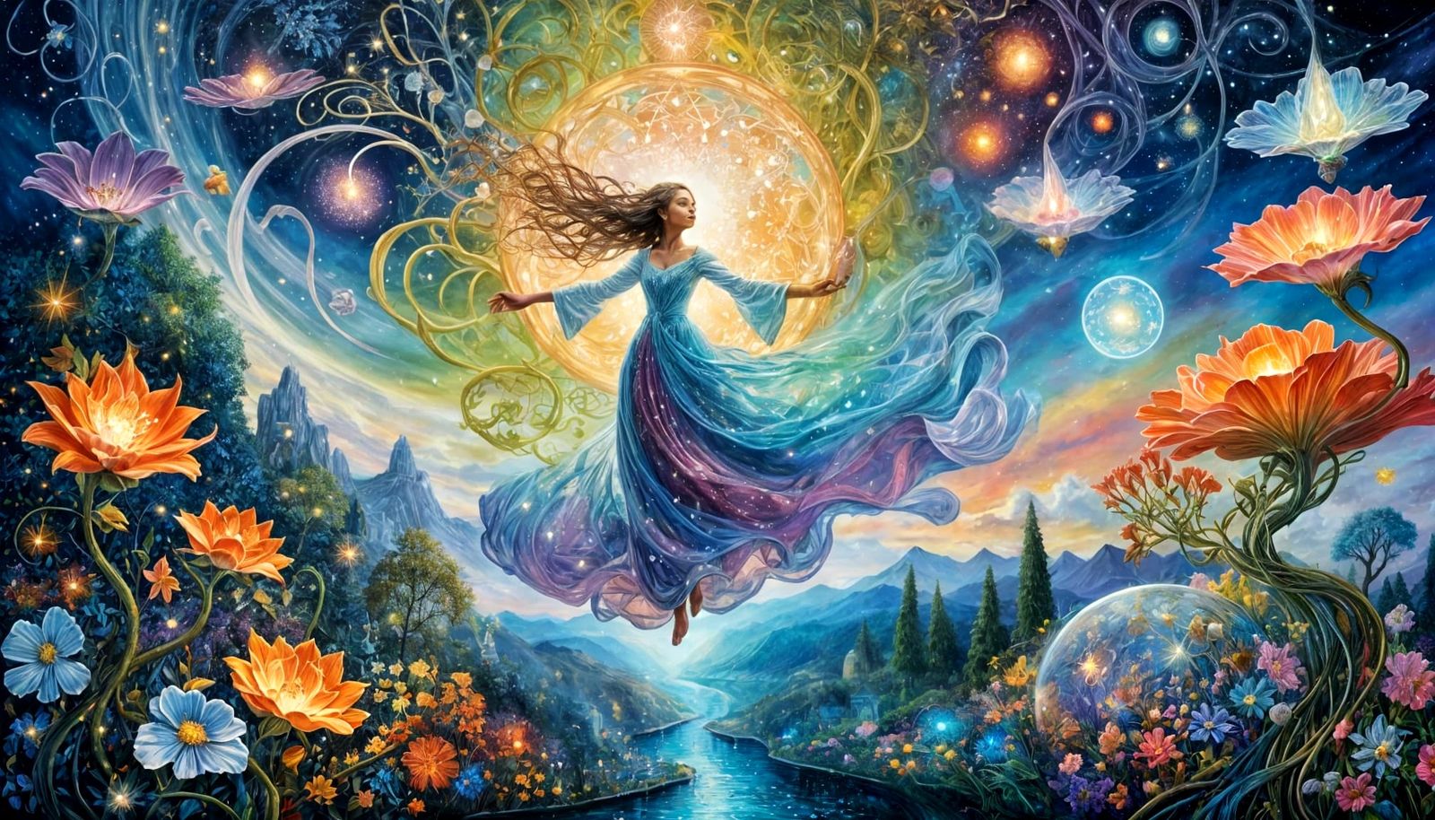 Celestial Garden Sorceress in Textured Impasto Painting Styl...