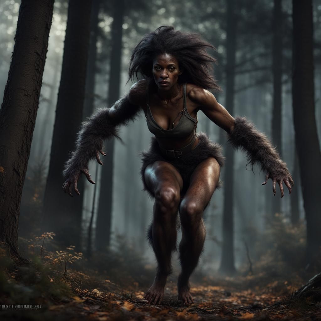 Black Female Werewolf Chasing Man, Fantasy Art