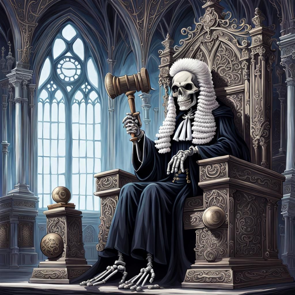 Whimsical Skeleton Judge in Gothic Court Illustration