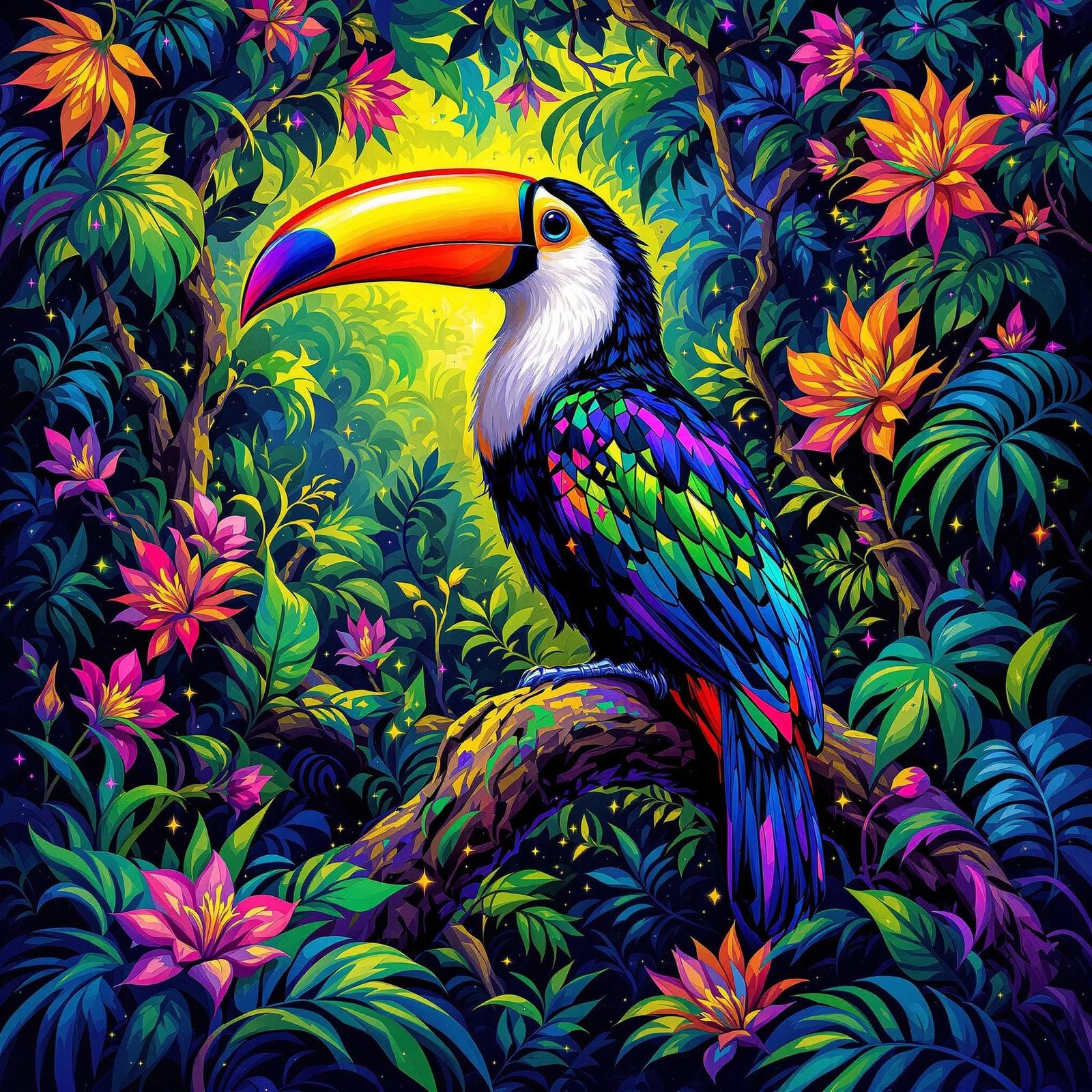 Vibrant Toucan Amidst Enchanted Emerald Forest