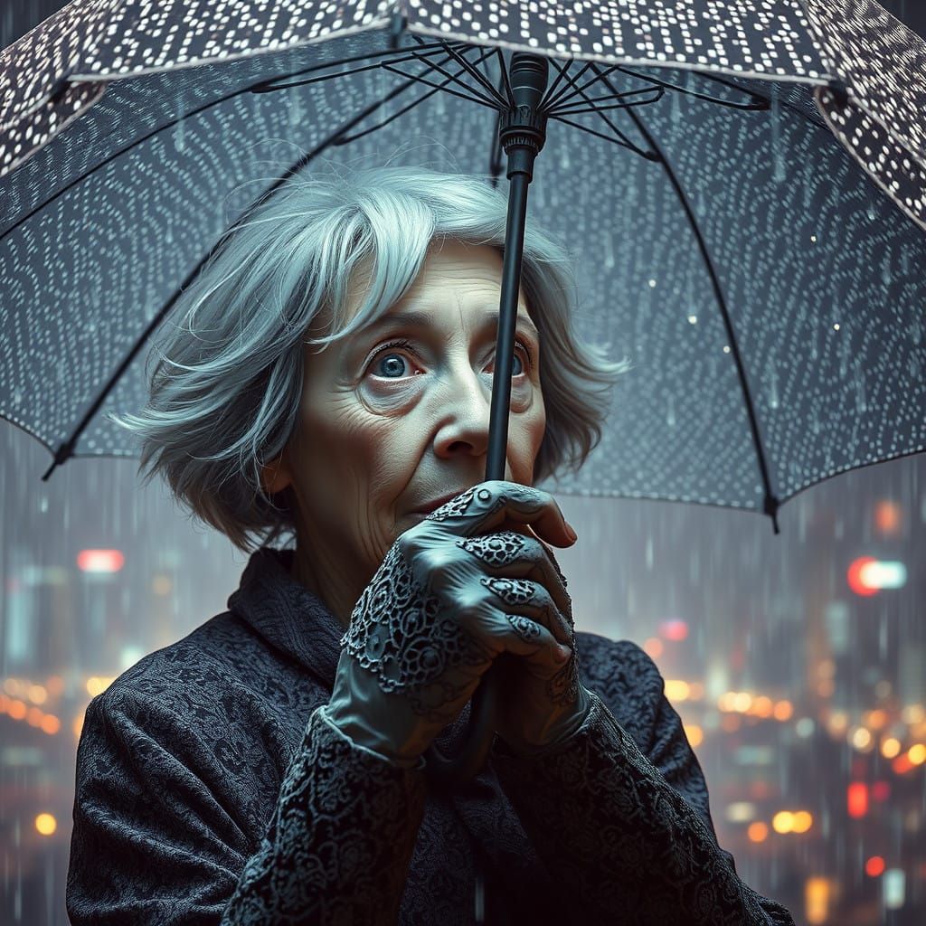 Cyberpunk Gray Lady Shelters Under Futuristic Umbrella
