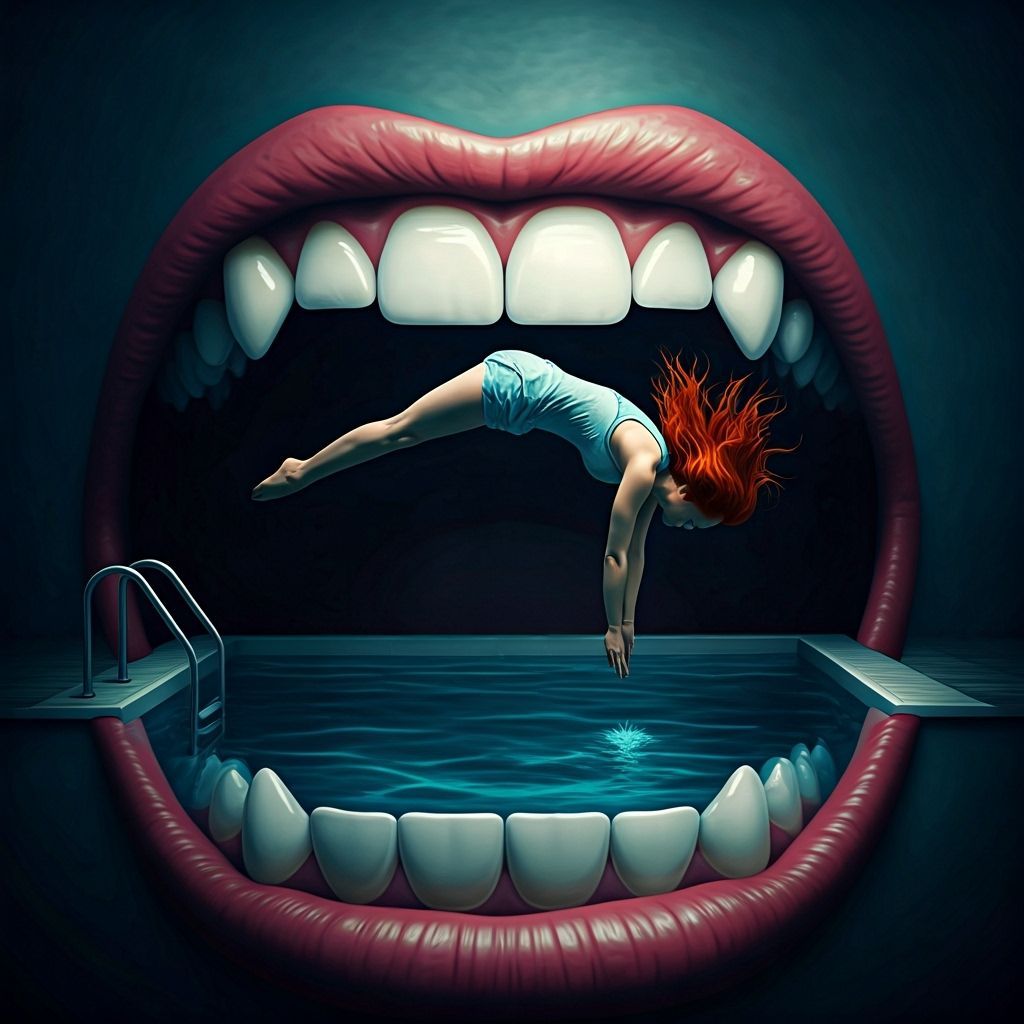 Surreal Redhead Dives into Giant Mouth Pool