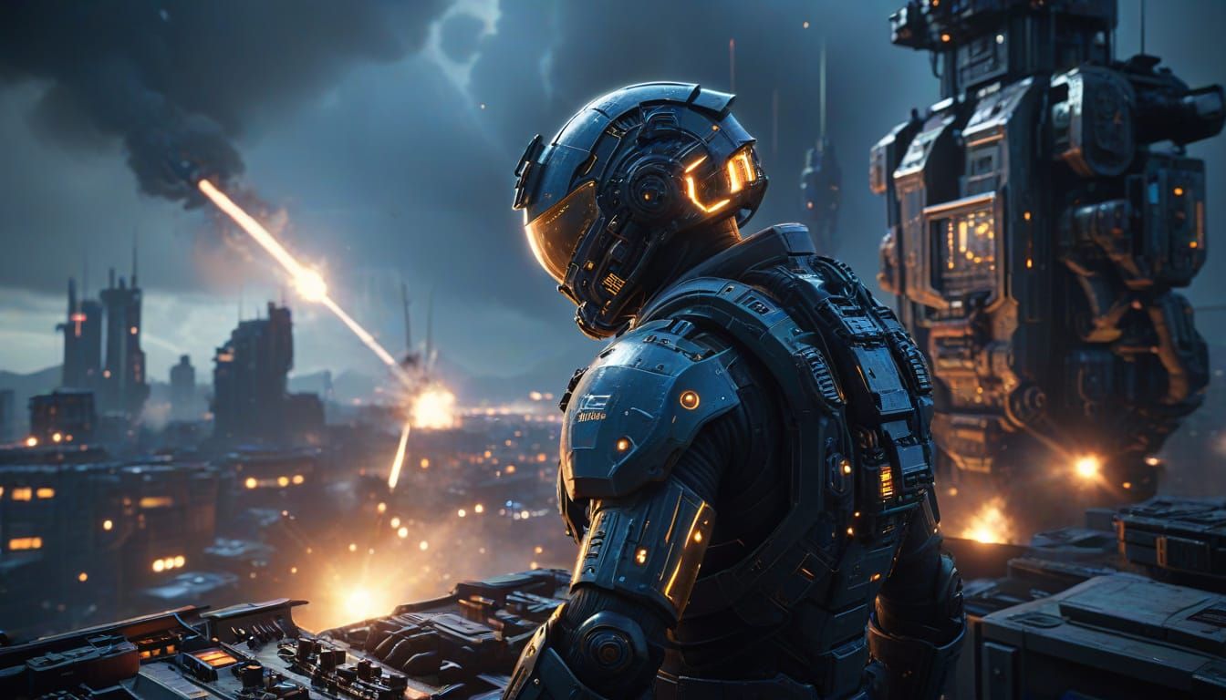 Epic Sci-Fi Commander in a Futuristic City Under Attack