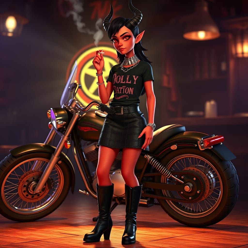 Crimson Demon in Dolly Parton Tee: Pixar-Style 3D Rendering