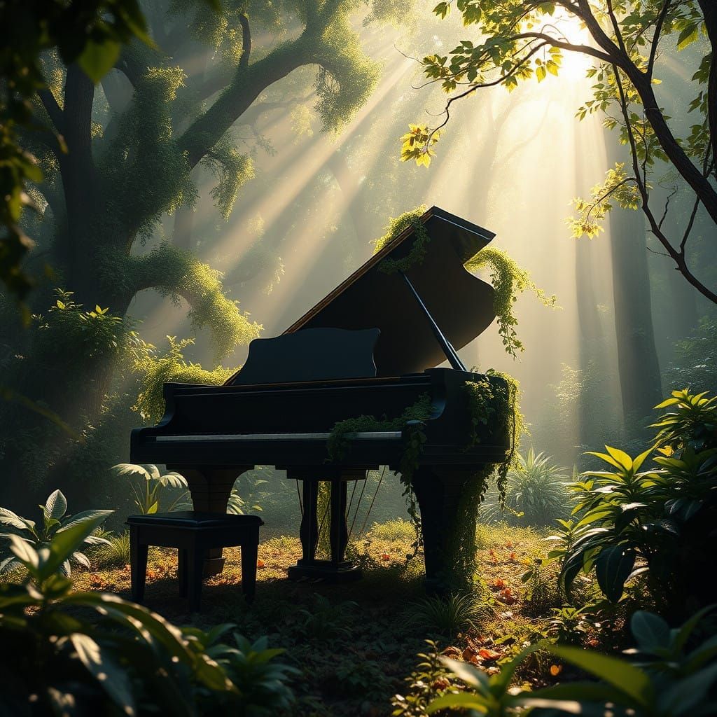 Majestic Grand Piano in Dreamlike Forest Scene