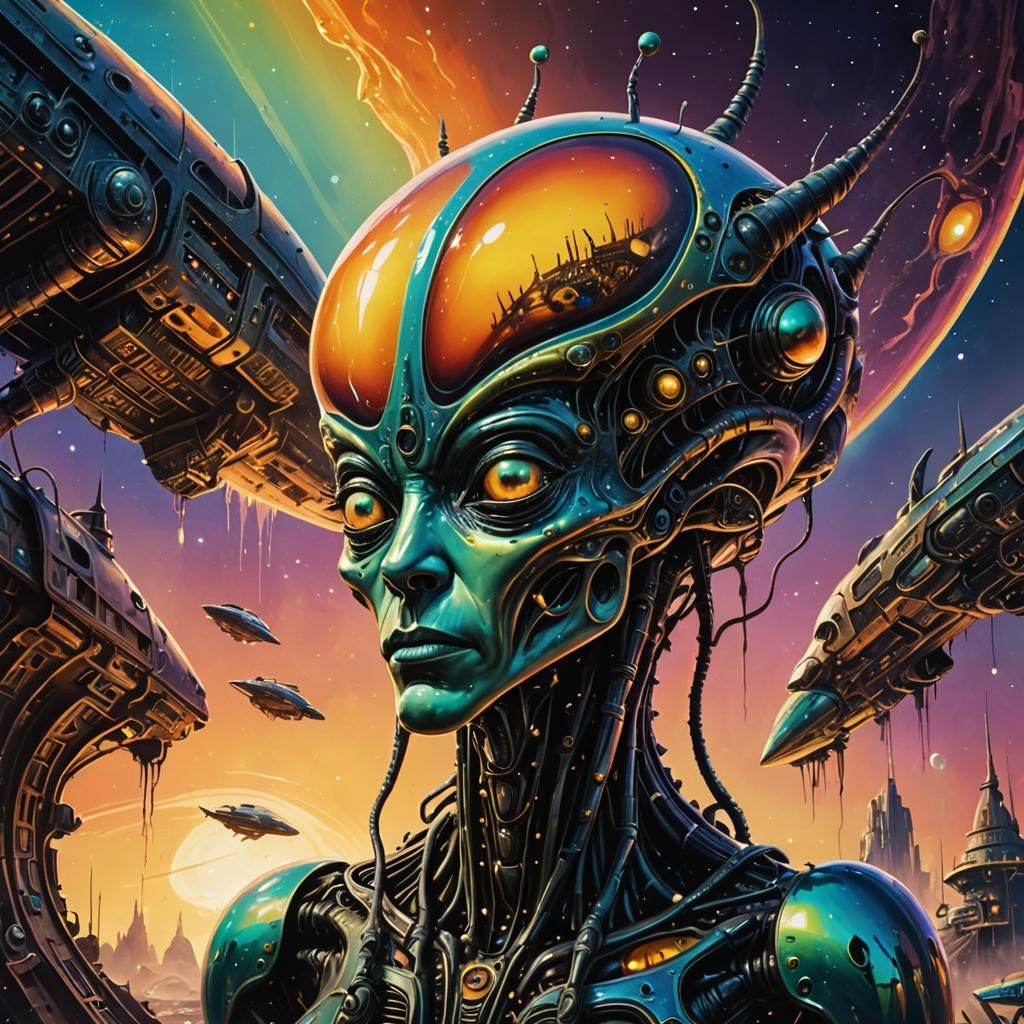 Alien Filling Spaceships: Surreal Sci-Fi Illustration