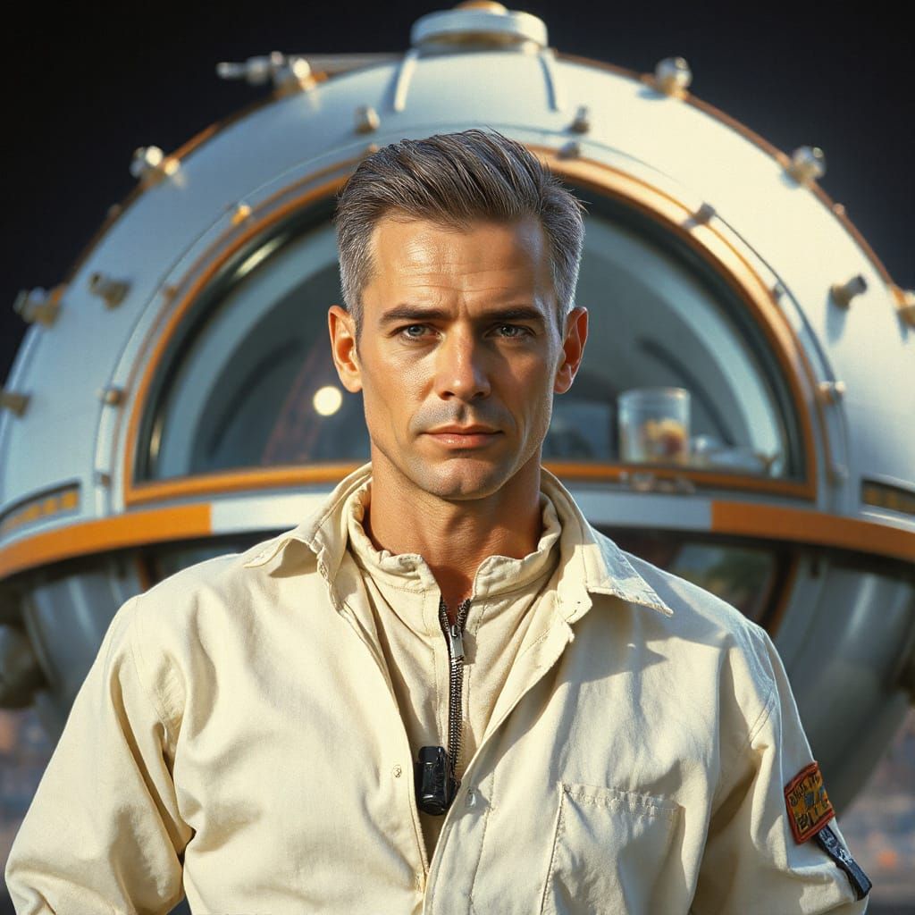 Atomic Age Retro Man in Spaceship, Hyperrealistic Portrait