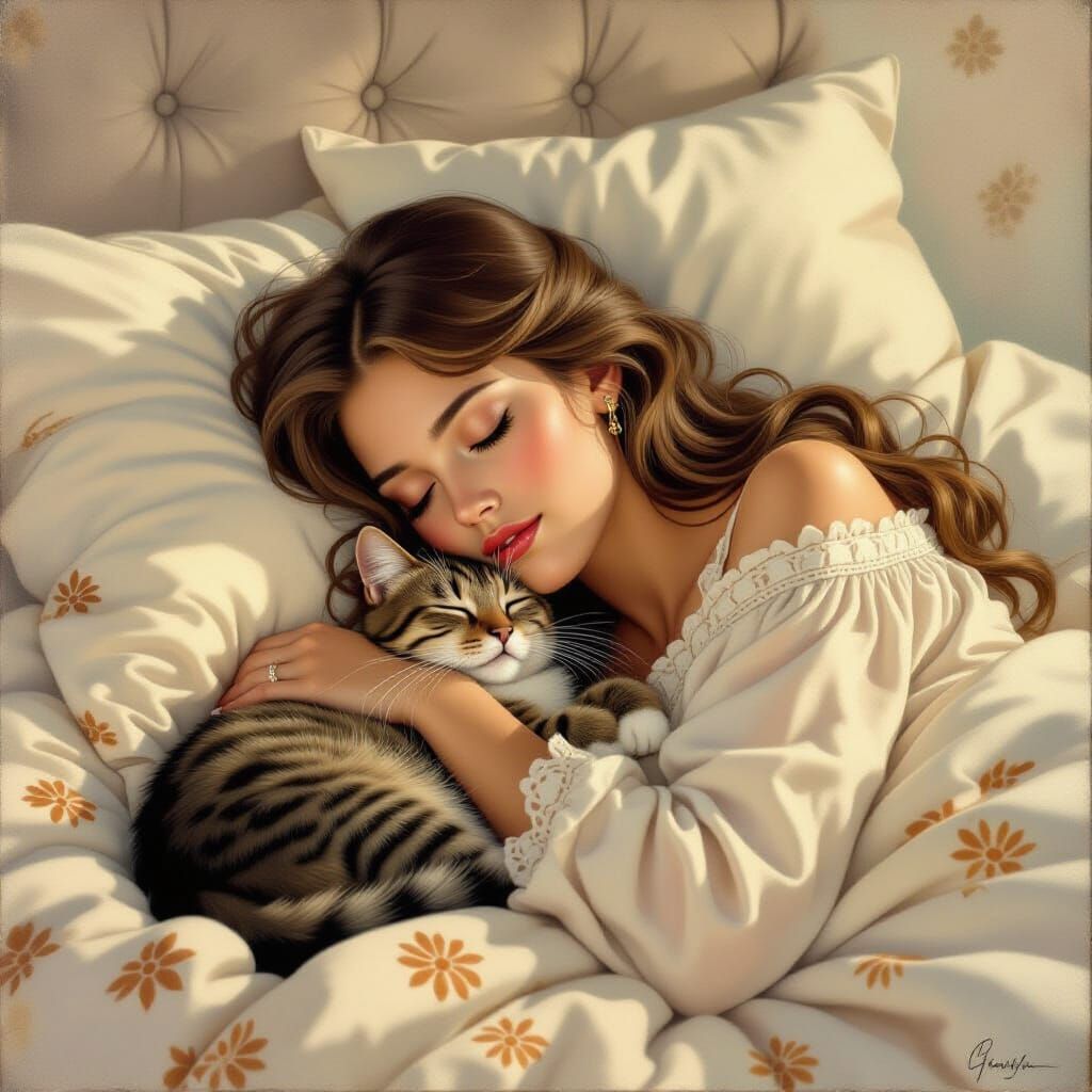 A grayscale, hyperrealistic drawing of a young woman and a c...