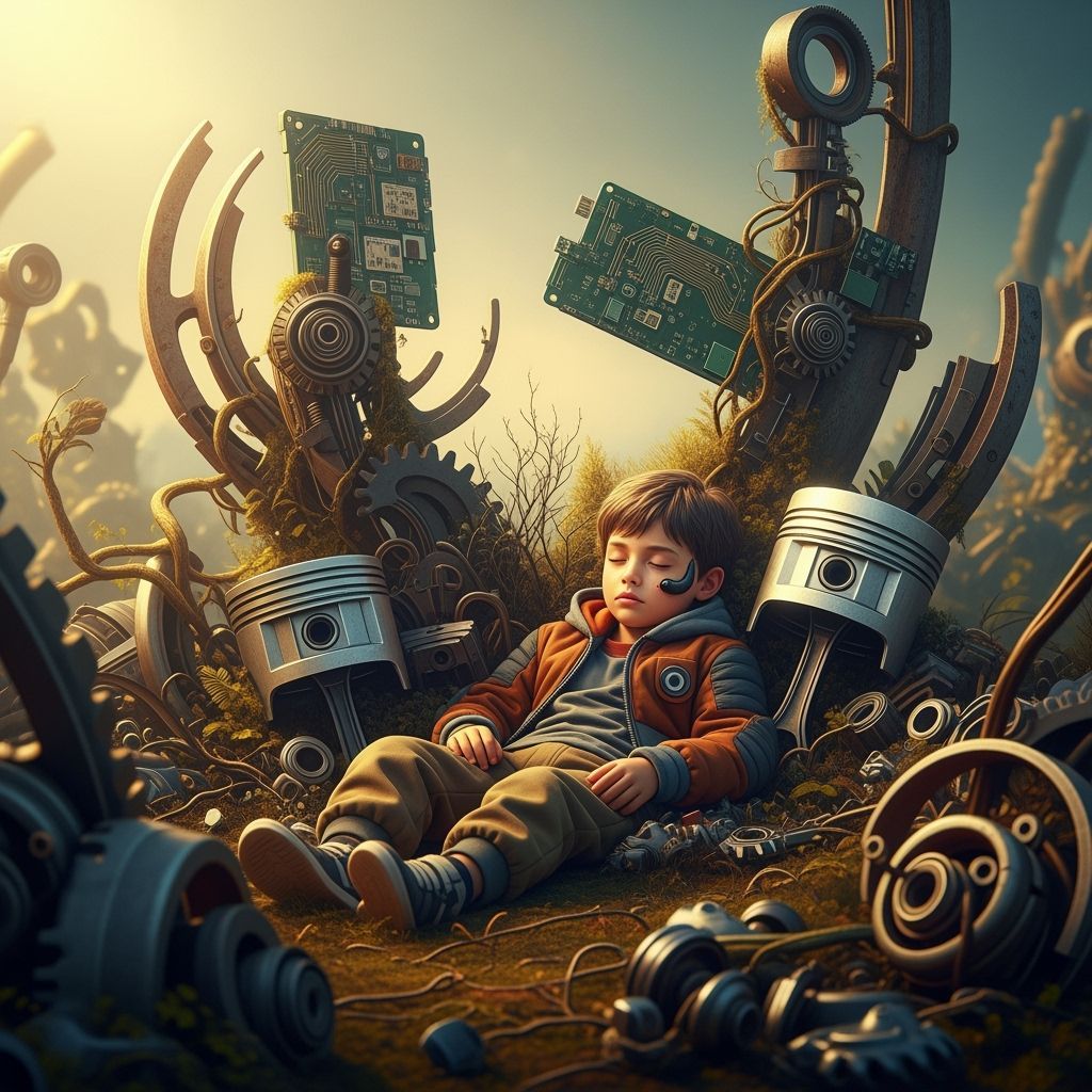 Boy Dreams in Surreal Junkyard Landscape