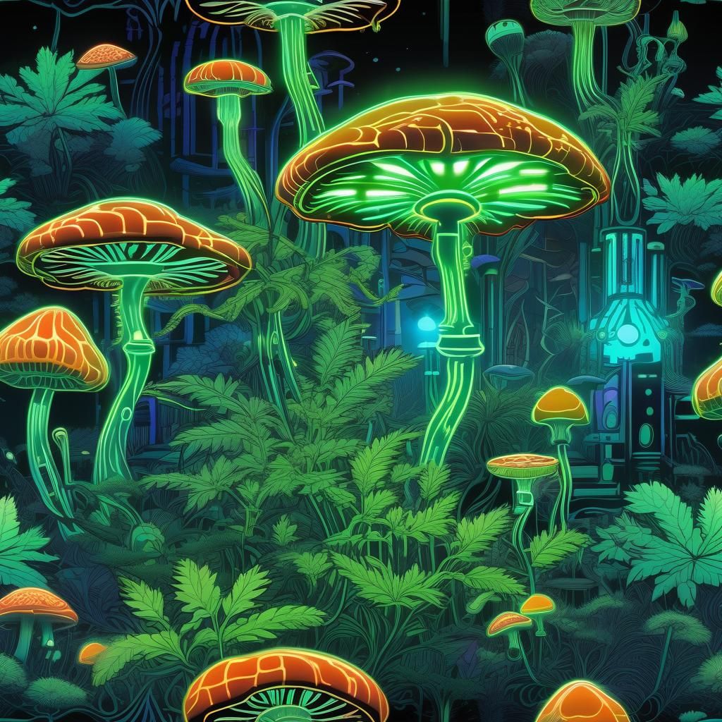 Biopunk Marijuana Plant with Bioluminescent Mushrooms