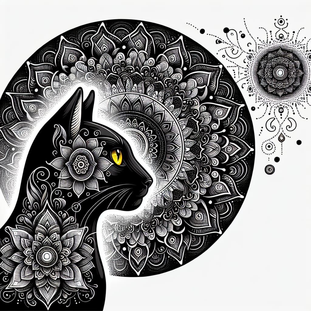 Ornate Lotus Mandala with Filigree Cat Illustration