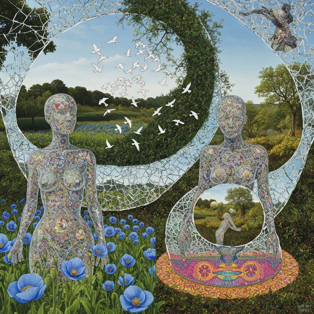 Sculptor Amidst Surreal Spiral Art and Nature