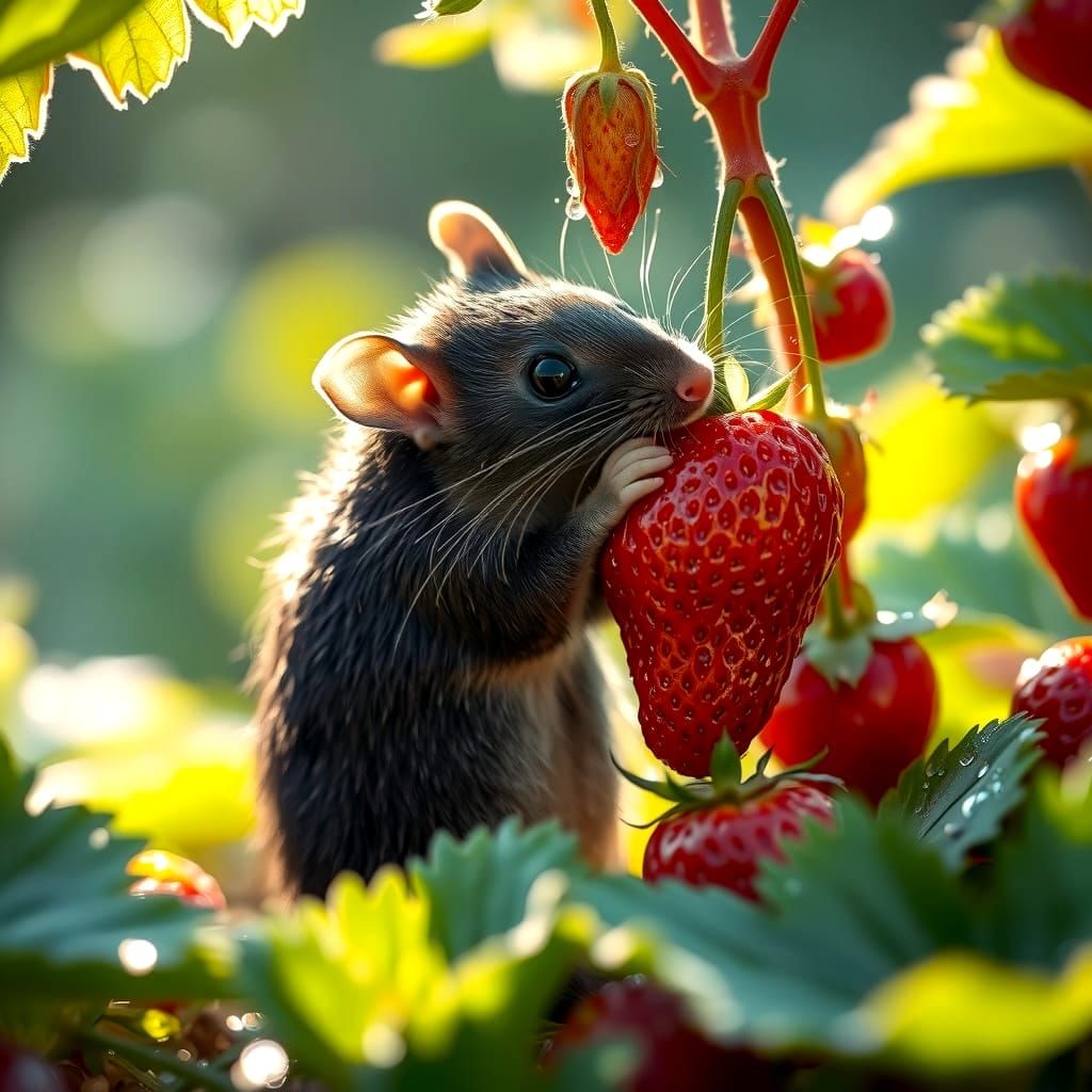 Cute Rat Nibbling Strawberry in Sunlit Garden