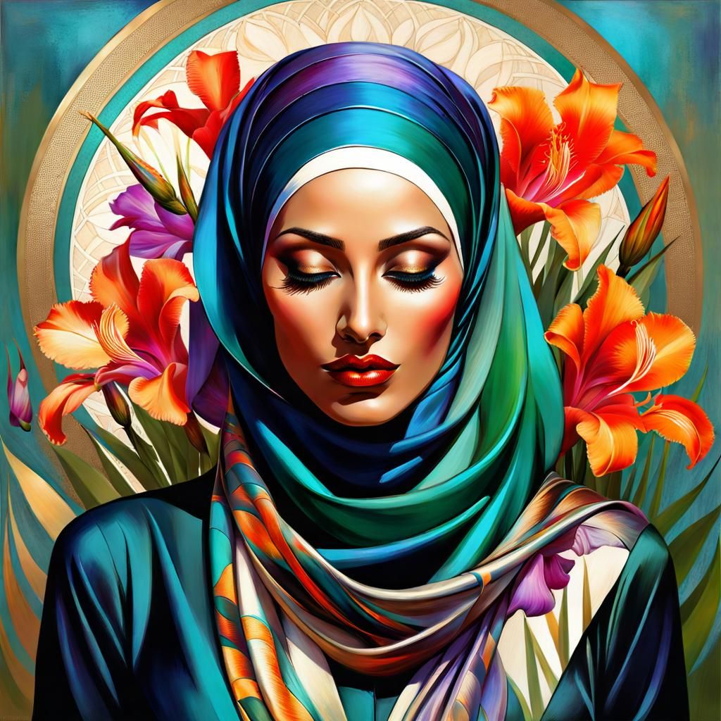 Confident Hijabi Woman Surrounded by Gladiolus Flowers
