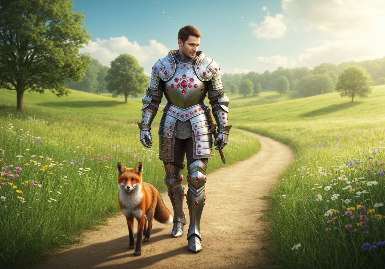 Knight with Fox on Country Path in Photorealistic Style